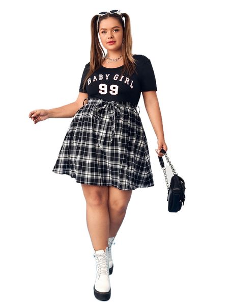 

plus plaid & letter graphic belted dress t62t#, Black