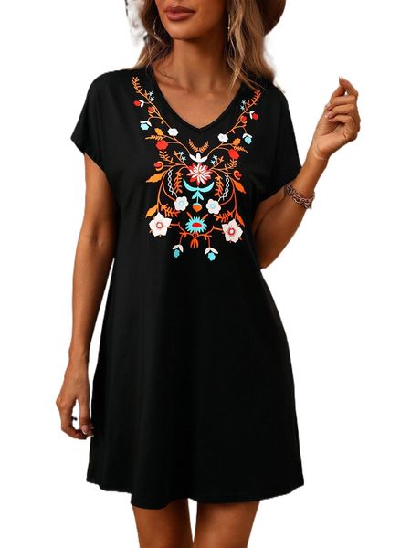 

floral print tee dress n7cp#, Black;gray