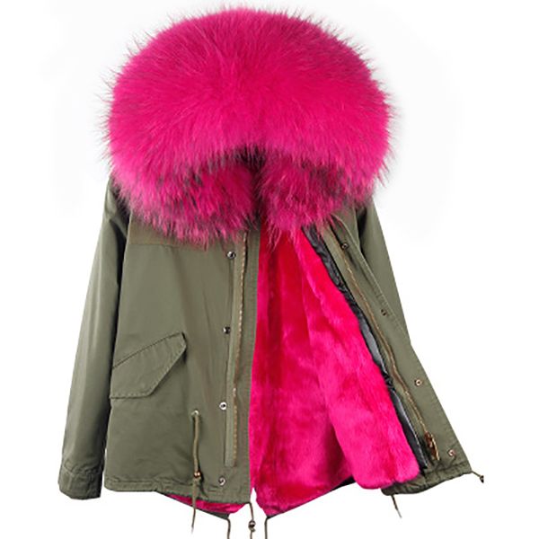 

woman army green jacket large raccoon fur collar hooded coat parkas outwear detachable lining winter short 201027, Black