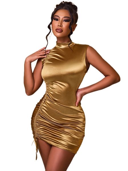 

sxy mock neck drawstring bodycon dress c93m#, Black;gray