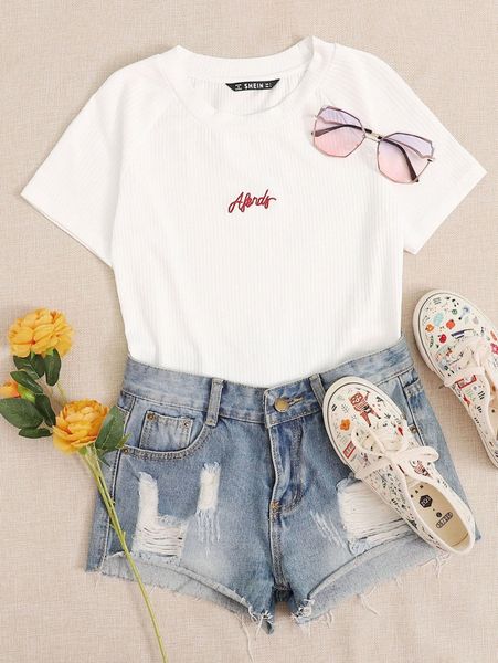 

letter embroidery rib-knit crop l57s#, White