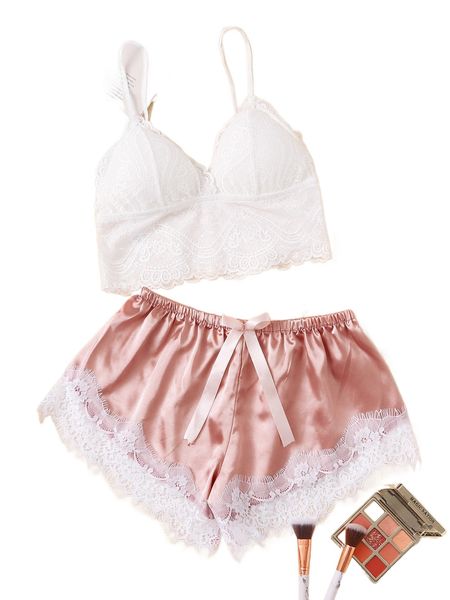 

contrast lace satin lingerie set 60b8#, Black;red