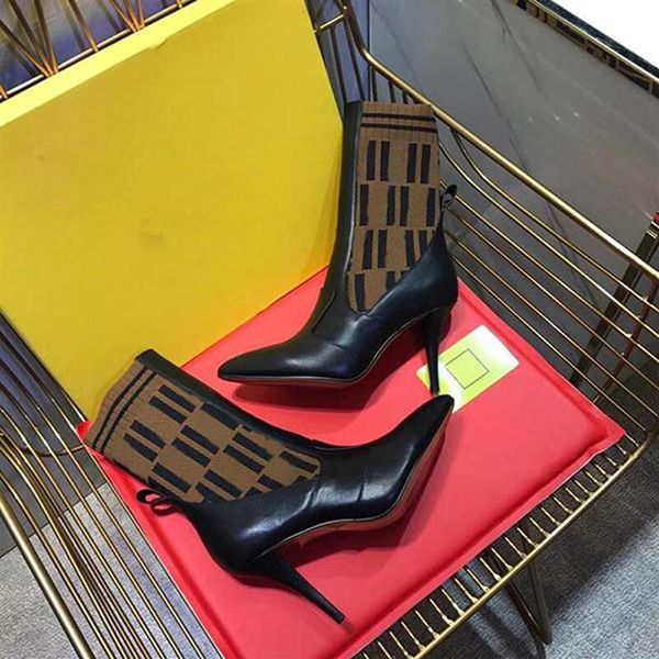 

luxury 2021 outdoor fashion women's boots flat knit socks 9.5cm breathable stretch pointed toe heel short boot2794, Black