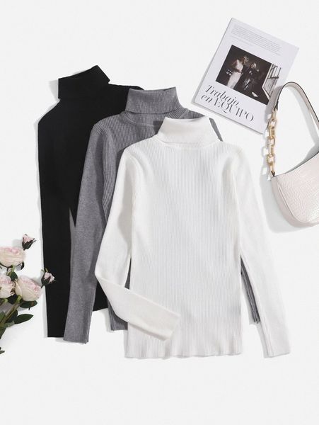 

3pcs turtleneck ribbed knit sweater 94s4#, White;black