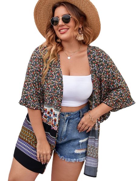 

plus floral print flounce sleeve kimono p5n4#, Black;gray