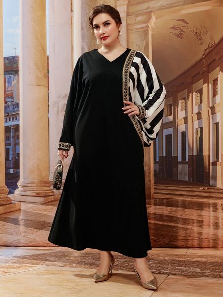 

plus striped print contrast embroidery panel batwing sleeve dress c73c#, Black