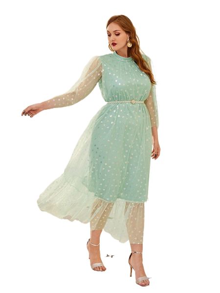 

plus gold heart print mesh overlay cloak sleeve dress without belt 13aw#, Black