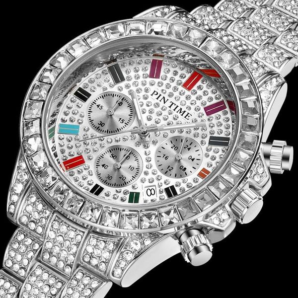 Нарученные часы мужские запястья часы мужские наручные часы Quartz Men Luxury Full Diamond Hip Hop Gold Sliver