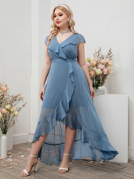 

plus ruffle trim wrap hem chiffon prom dress g5dw#, Black