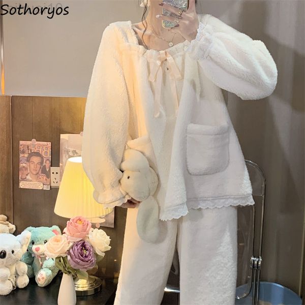 

square collar lace bow design pajama sets women flannel sweet girl homewear simple warm comfortable loose leisure japanese style l220803, Black;red