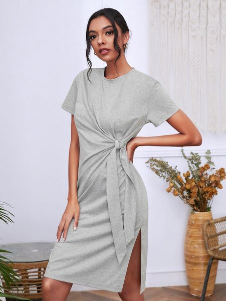 

solid tie front split side dress i6hq#, Black;gray