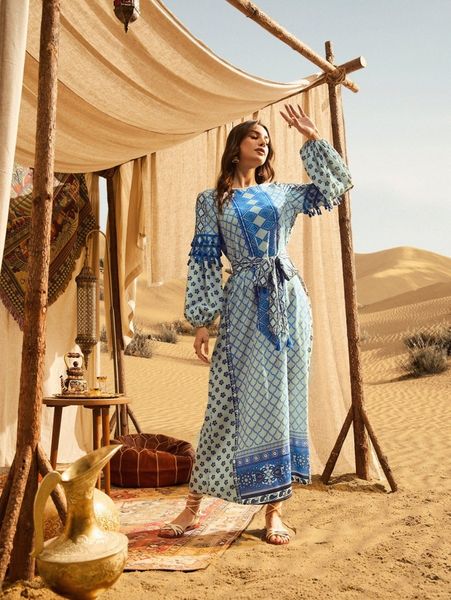 

geo print bishop sleeve fringe detail belted dress e7fu#, Black;gray