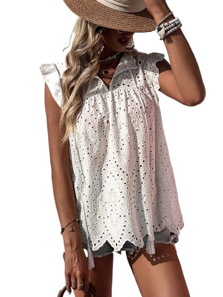 

ruffle sleeve tassel tie neck schiffy blouse l26l#, White