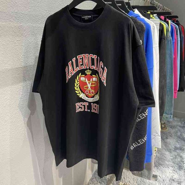 

balencaigass t shirt high version firm b home paris front wheat champion 1917 printed pattern loose short sleeve t-shirt for men and women, White;black