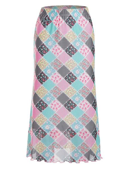 

floral patchwork lettuce trim skirt t82t#, Black