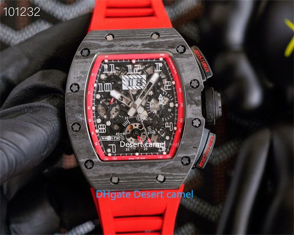 

automatic mechanical transparent wristwatch carbon fiber case skeleton watch sapphire waterproof wine bucket watch rubber strap men's w, Slivery;brown