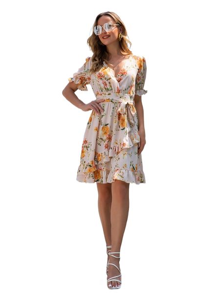 

floral print puff sleeve ruffle trim belted dress n0yz#, Black;gray