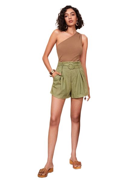 

fold pleated detail roll up hem belted shorts b4ir#, White;black