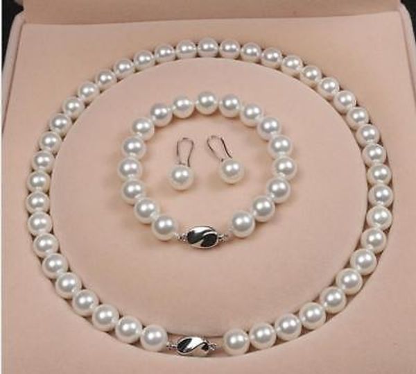 

10mm white shell pearl round beads necklace bracelet earrings aaa, Silver