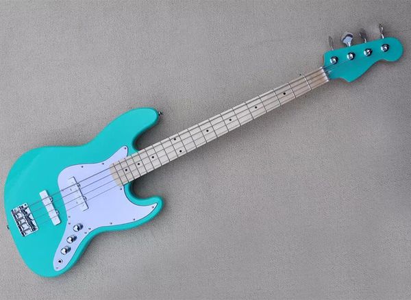 

4 strings blue electric bass guitar with maple fingerboard white pickups