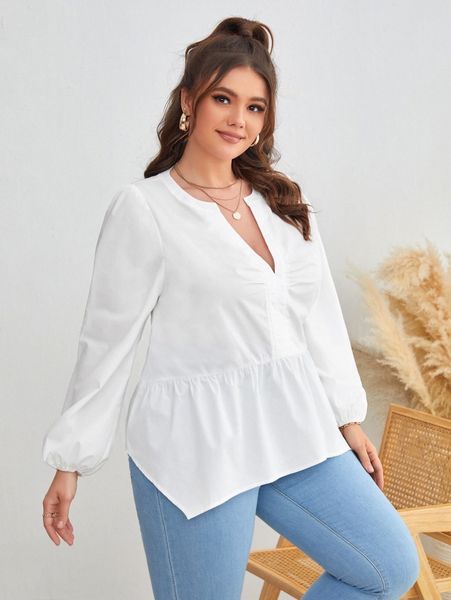 

plus lantern sleeve notched neck peplum hem blouse c7wp#, Black