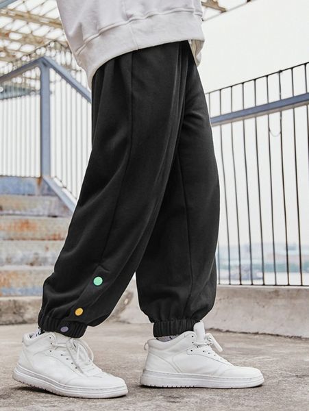

men drawstring waist button sweatpants 75ge#, Black
