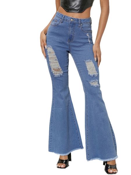 

ripped raw hem flare leg jeans o8nz#, Blue