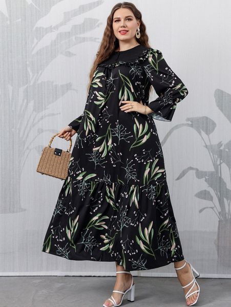 

plus plant print ruffle trim flounce sleeve dress x50f#, Black
