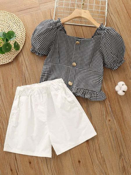 

girls gingham fake button puff sleeve ruffle hem & shorts she, White