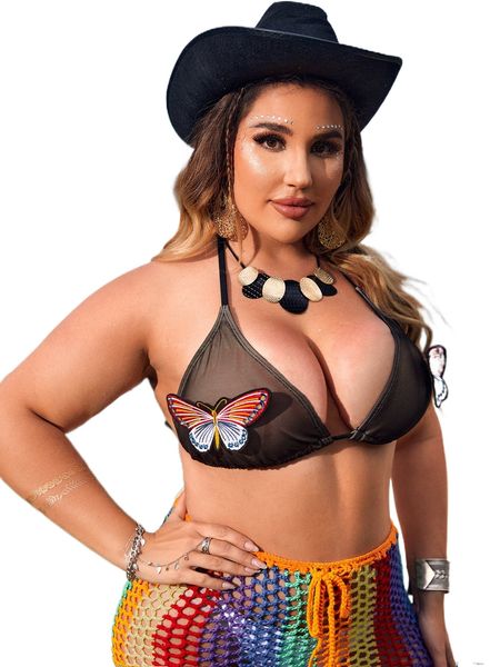 

plus butterfly embroidery appliques halter triangle bikini u02j#, Black