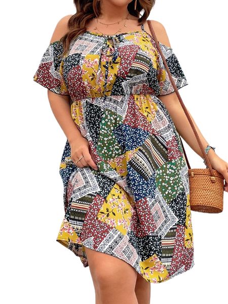 

plus patch work print tie front cold shoulder dress o9xk#, Black