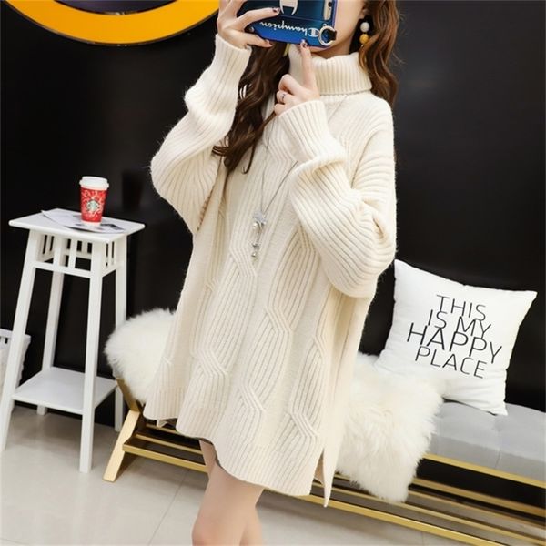 

long-sleeved turtleneck mid-length sweater female loose side split solid color rib small fresh sweater pullover women spring 201223, White;black