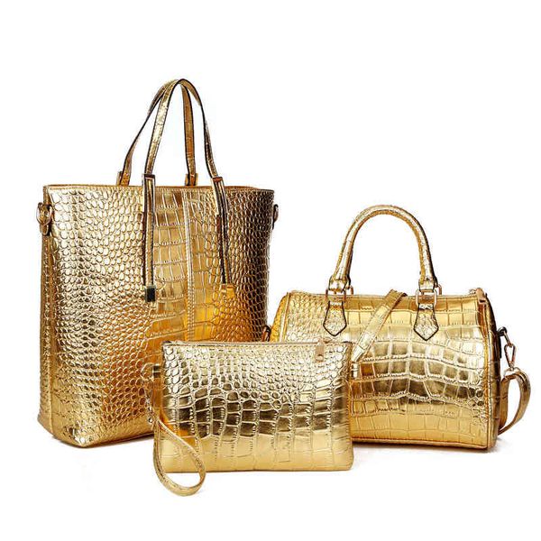 

amberler fashion pu leather women handbags luxury designer crocodile pattern 3 pieces sets shoulder bag tote bags