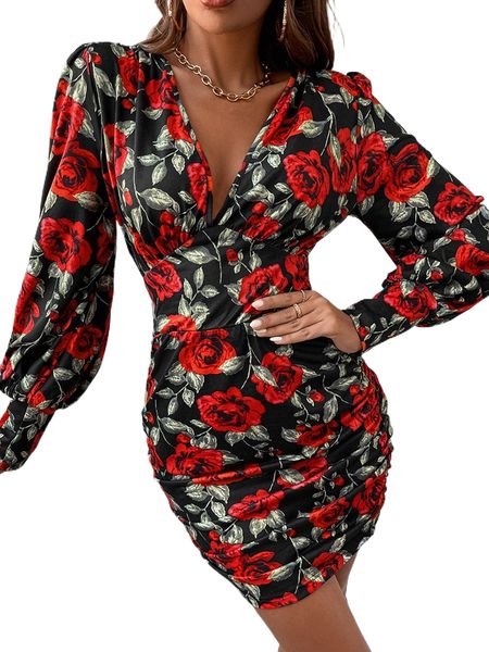

allover floral ruched bodycon dress b2rn#, Black;gray