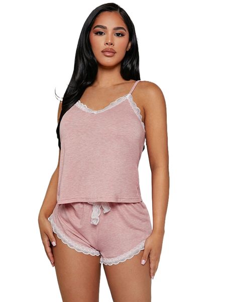 

contrast lace cami & tie front shorts pj set 17no#, Black;red