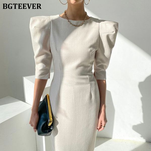 

bgteever elegant o-neck women skinny mermaid dress puff sleeve slim waist behind split female bodycon dresses 2022 spring, Black;gray