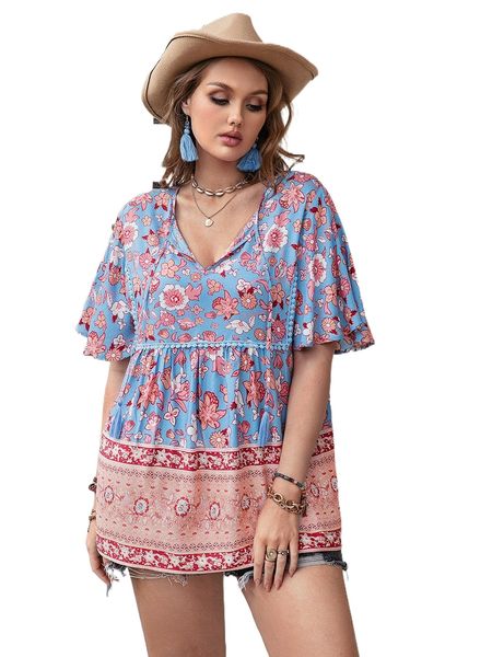 

rusttydustty plus floral print butterfly sleeve tie neck blouse 40az#, Black