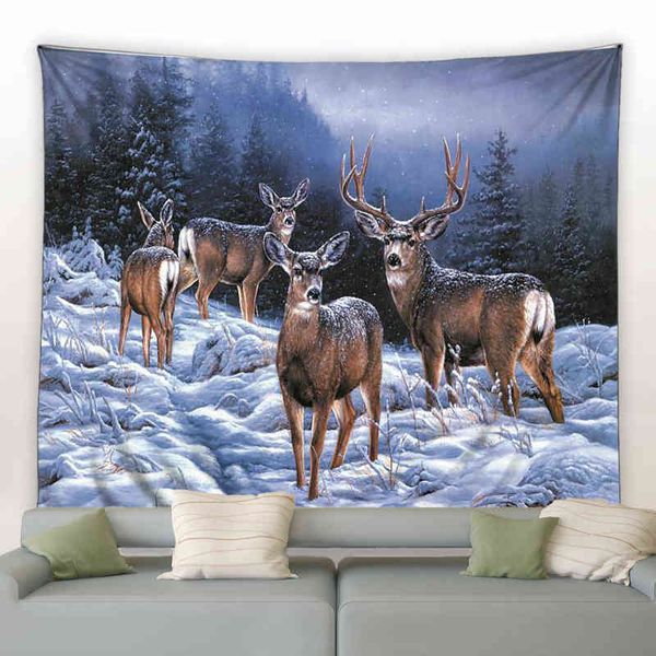 Moose in Winter Floresta tapeçaria de animais selvagens veados de natal tapetes de parede pendurada decoração de arte em casa para quarto sala de estar j220804
