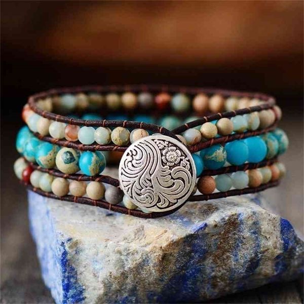 Manschette Armband Einzigartige Jasper Leder Wrap Armbänder Großhandel Handgemachte Böhmische Weben Stein Armband Schmuck Dropshipping 210330