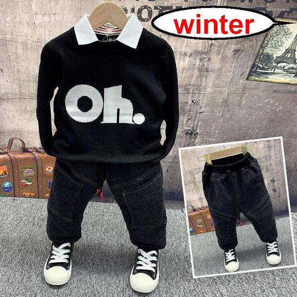 

clothing sets winter boys boy cotton casual children's wear baby thick plush knit sweater+ pants 2 pcs clothes set, White