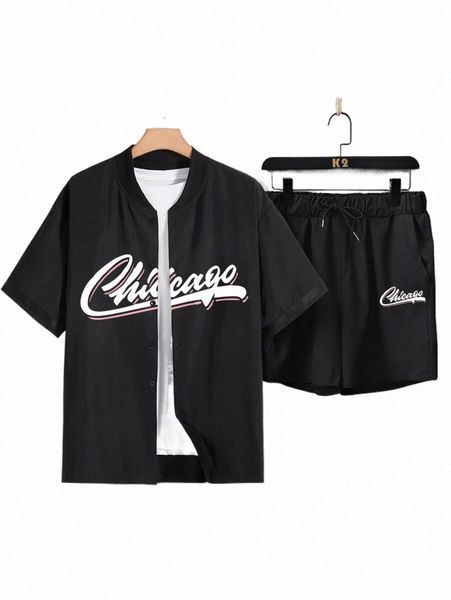 

men letter graphic baseball shirt & drawstring waist shorts without tee 43qa#, Gray