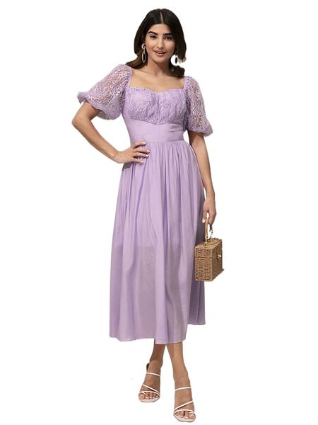 

modely lace panel puff sleeve flare hem dress c97i#, Black;gray