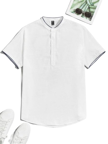

men button half placket contrast trim shirt o7gj#, White;black