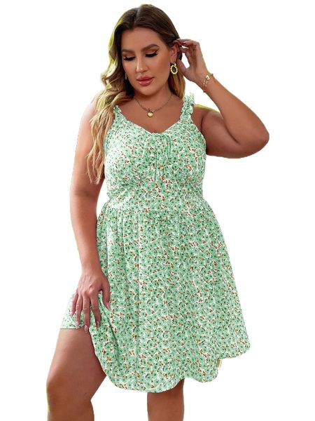 

plus ditsy floral print knot front frill trim cami dress m4k8#, Black