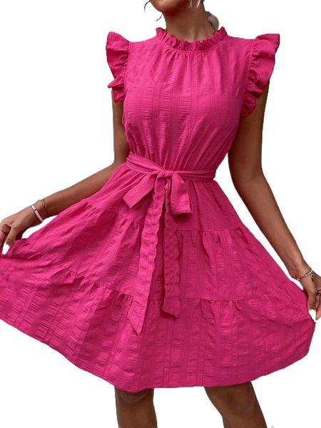 

flutter sleeve frilled neck ruffle hem belted dress g5ln#, Black;gray