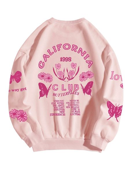 

butterfly and slogan graphic thermal lined sweatshirt u6xa#, Black