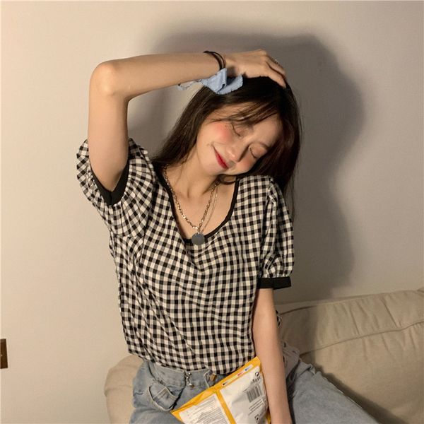 

plaid short design puff sleeve oneck simple vintage fresh college wind women female summer thin tshirts 210426, White