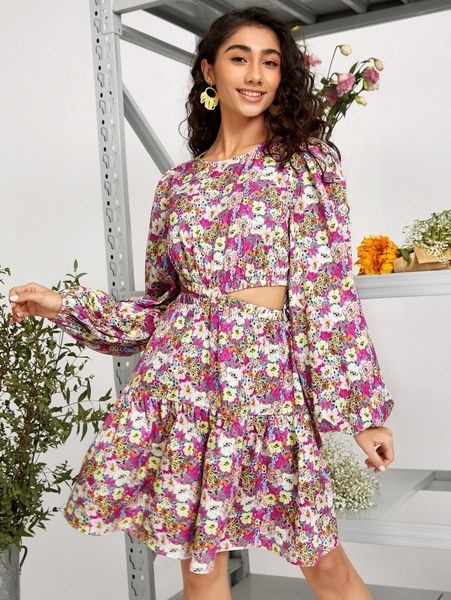 

keyhole back cut out waist floral print ruffle hem dress q5oa#, Black;gray