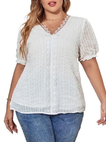 

plus puff sleeve contrast lace blouse t53m#, Black