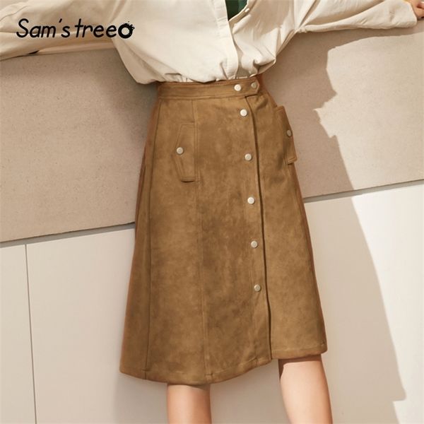 SAMSTREE Autumn Winter Women Saias Suede Aline saias femininas solteiras de peito elegante Camelo Lady Skirts T200113